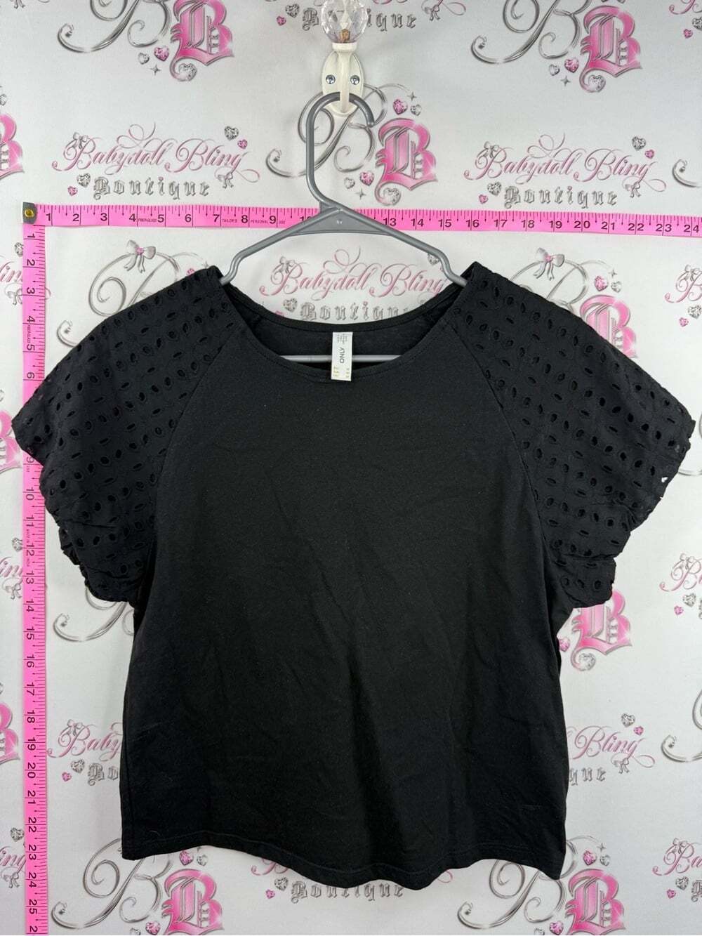 Only shirt lace style sleeve details Black Eyelet Puff Sleeve Tee basic fun tee